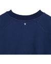 navy round neck sweatshirt with rib detailing and logo in the centre close up of rear