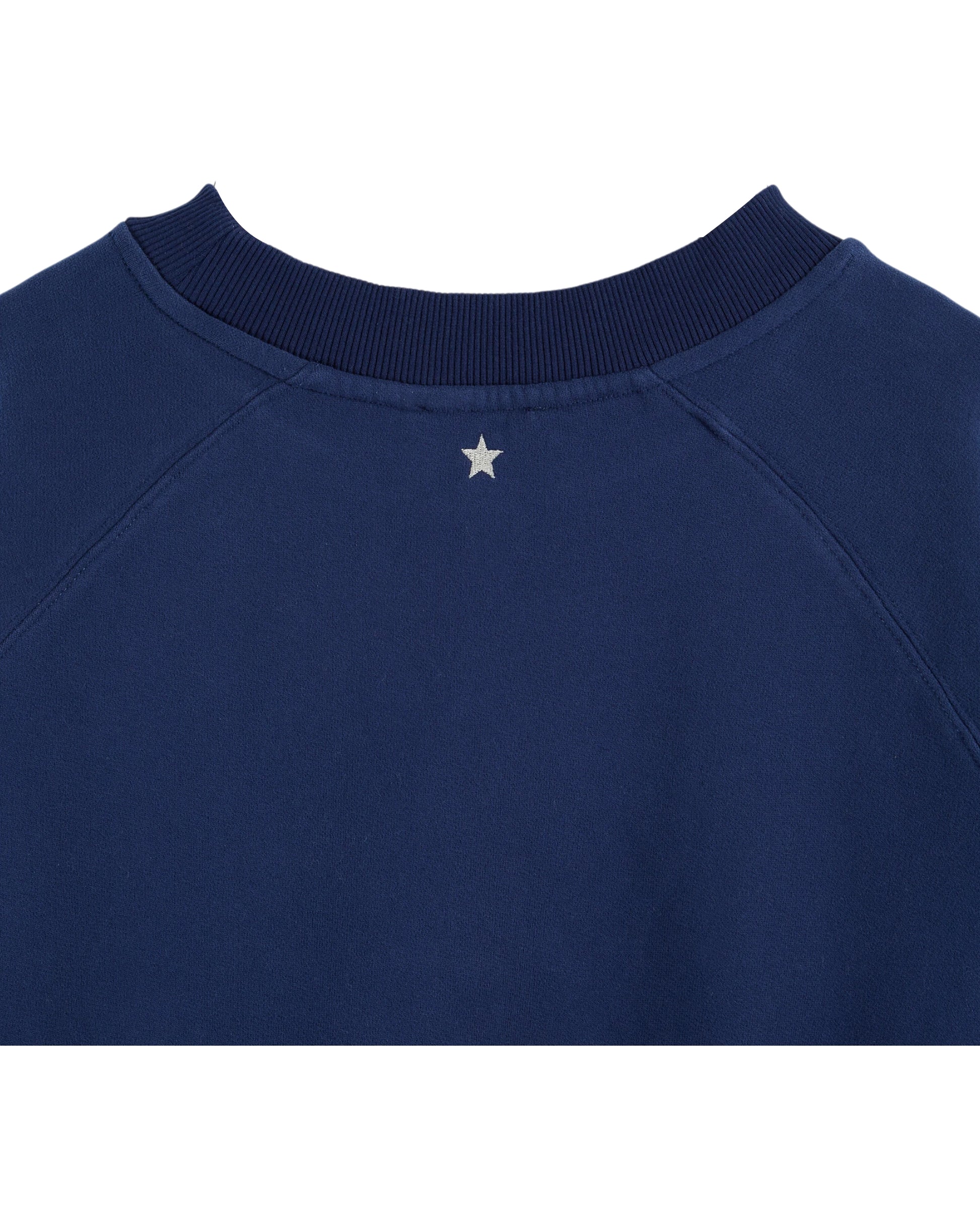 navy round neck sweatshirt with rib detailing and logo in the centre close up of rear