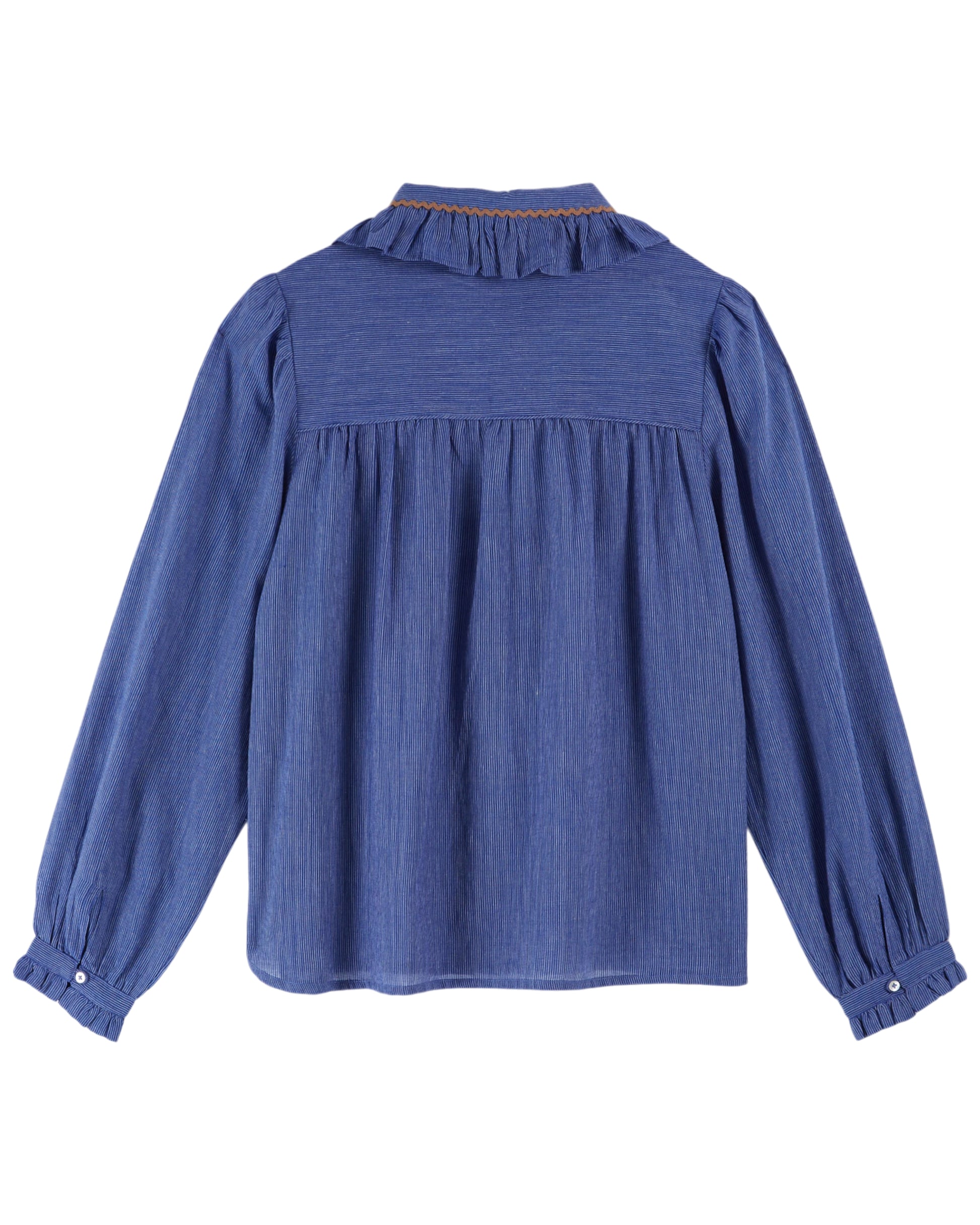 blue blouse with frill collar, chest pocket and elasticated cuffs with orange piping rear view