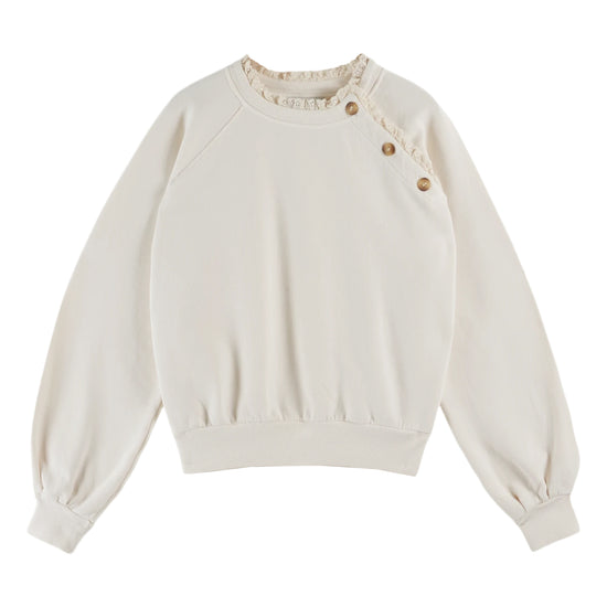 round frill neck cream sweatshirt with button shoulder detailing