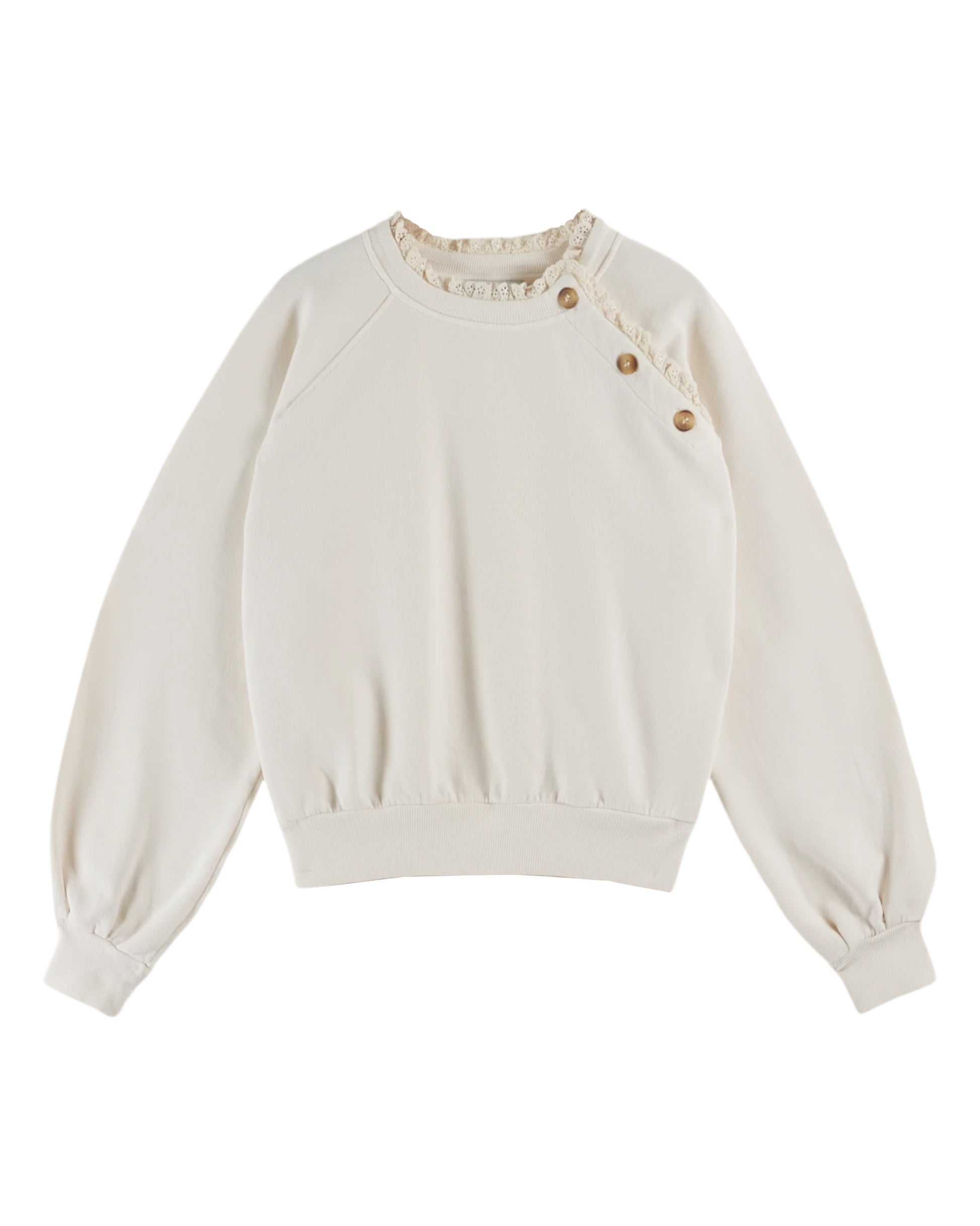 round frill neck cream sweatshirt with button shoulder detailing
