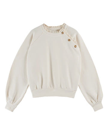 round frill neck cream sweatshirt with button shoulder detailing