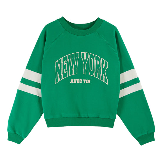 green round neck jumper with rib detailing and new york on the front