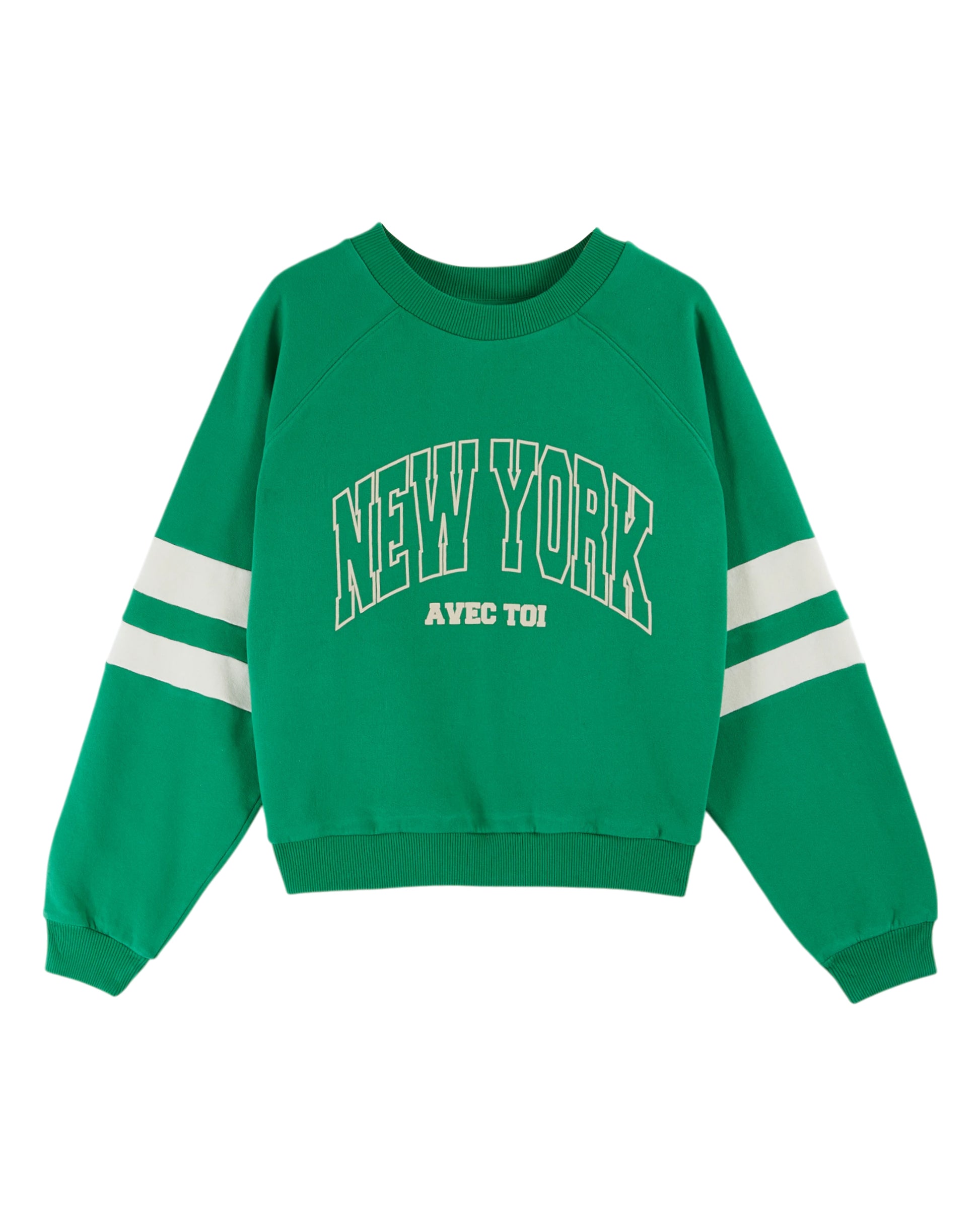 green round neck jumper with rib detailing and new york on the front