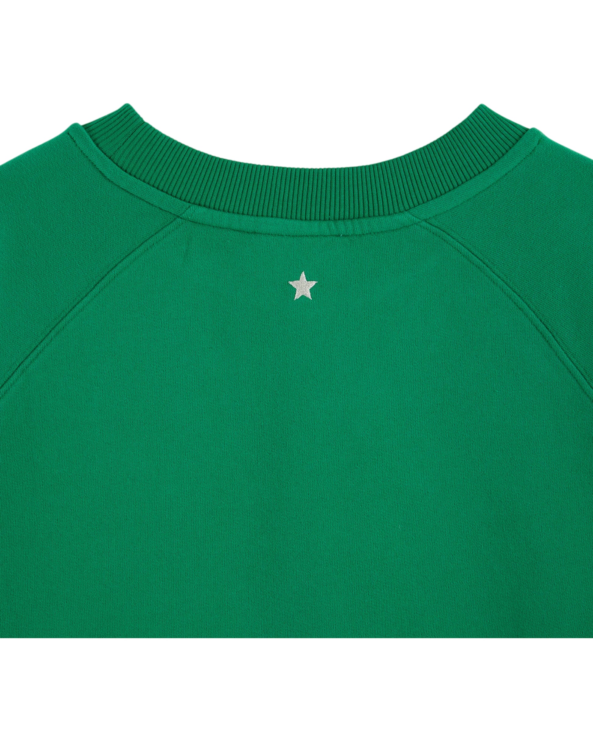 green round neck jumper with rib detailing and new york on the front rear view