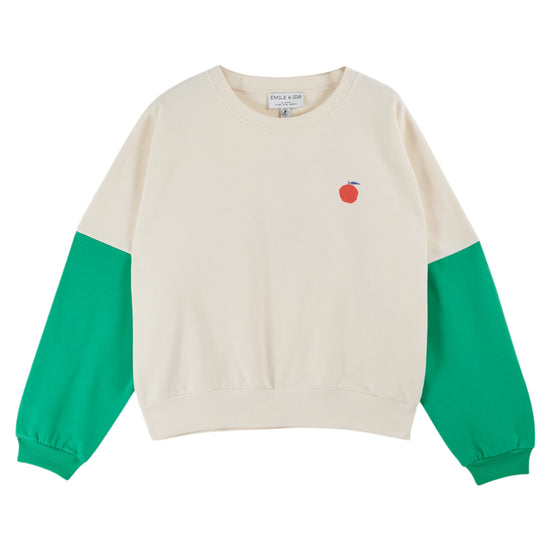 cream boxy cotton sweater with green arms and central park drawing on the back