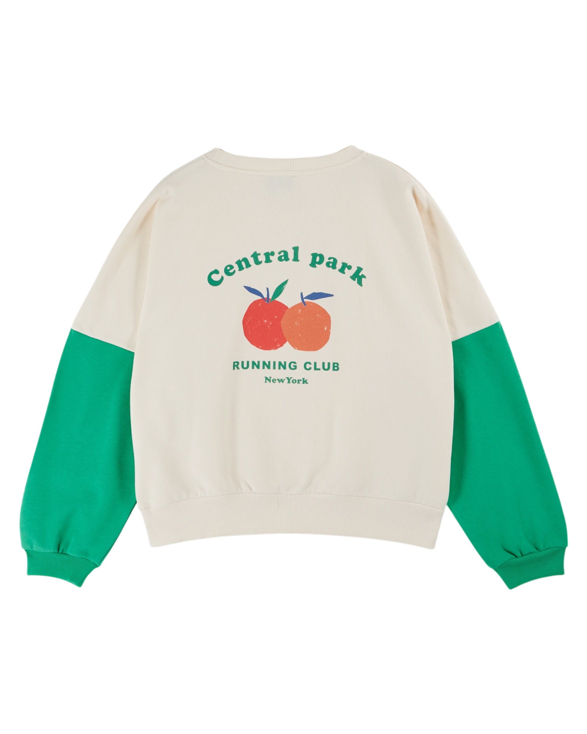 cream boxy cotton sweater with green arms and central park drawing on the back rear view