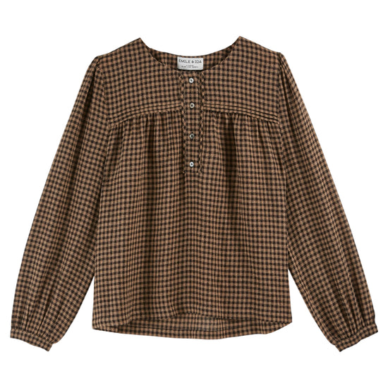 chocolate brown round neck blouse with half button placket and buttoned cuff with mini gingham print