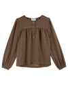 chocolate brown round neck blouse with half button placket and buttoned cuff with mini gingham print