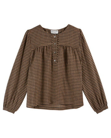 chocolate brown round neck blouse with half button placket and buttoned cuff with mini gingham print