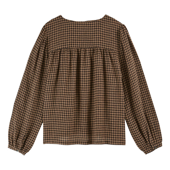 chocolate brown round neck blouse with half button placket and buttoned cuff with mini gingham print rear view 