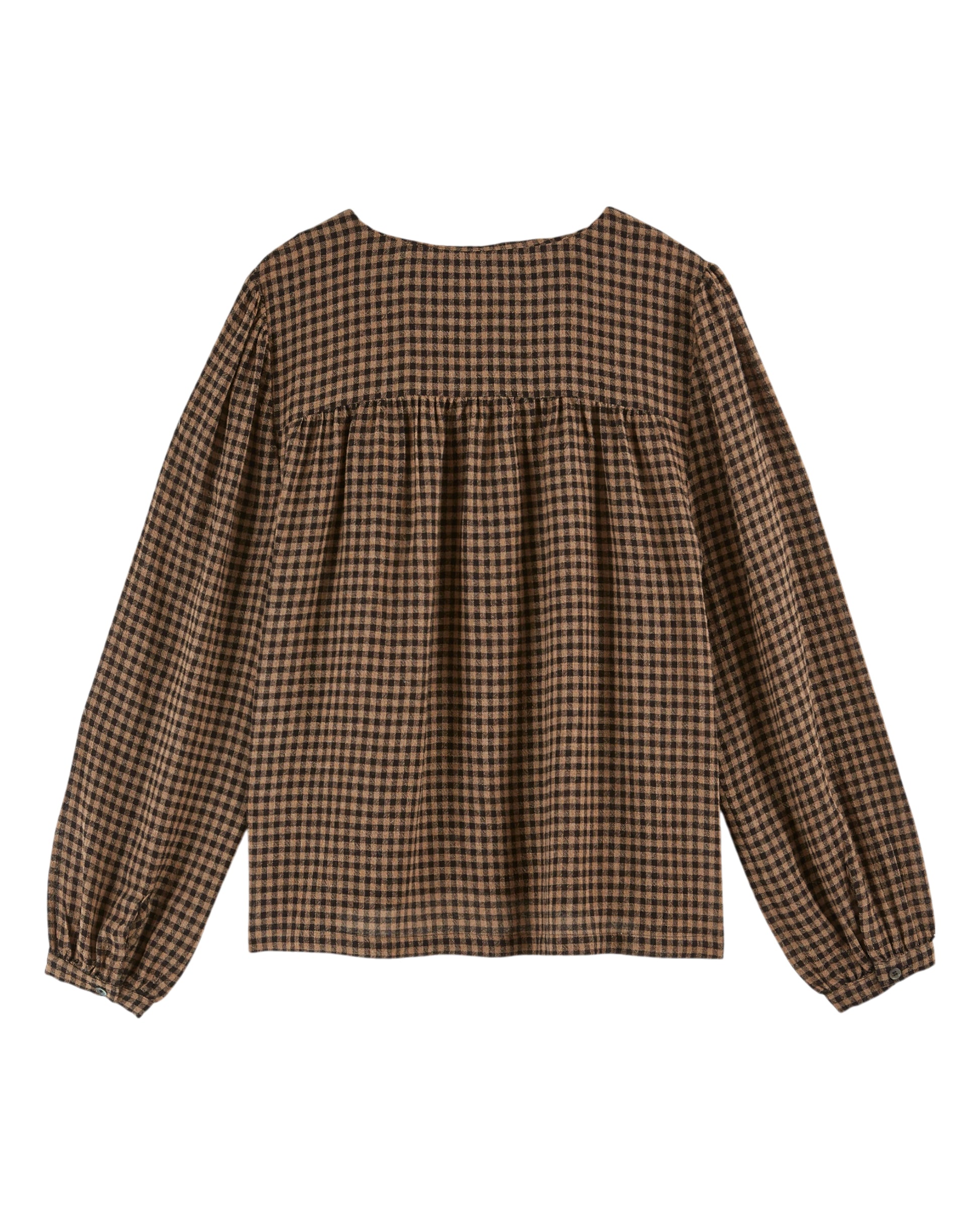 chocolate brown round neck blouse with half button placket and buttoned cuff with mini gingham print rear view 