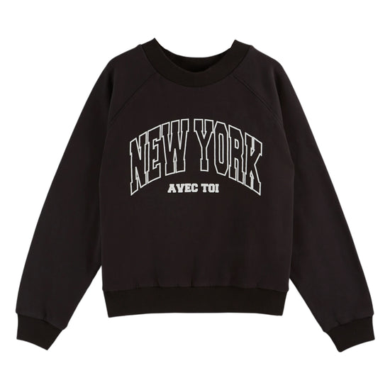 black round neck cotton sweater with new york in the centre and rib detailing