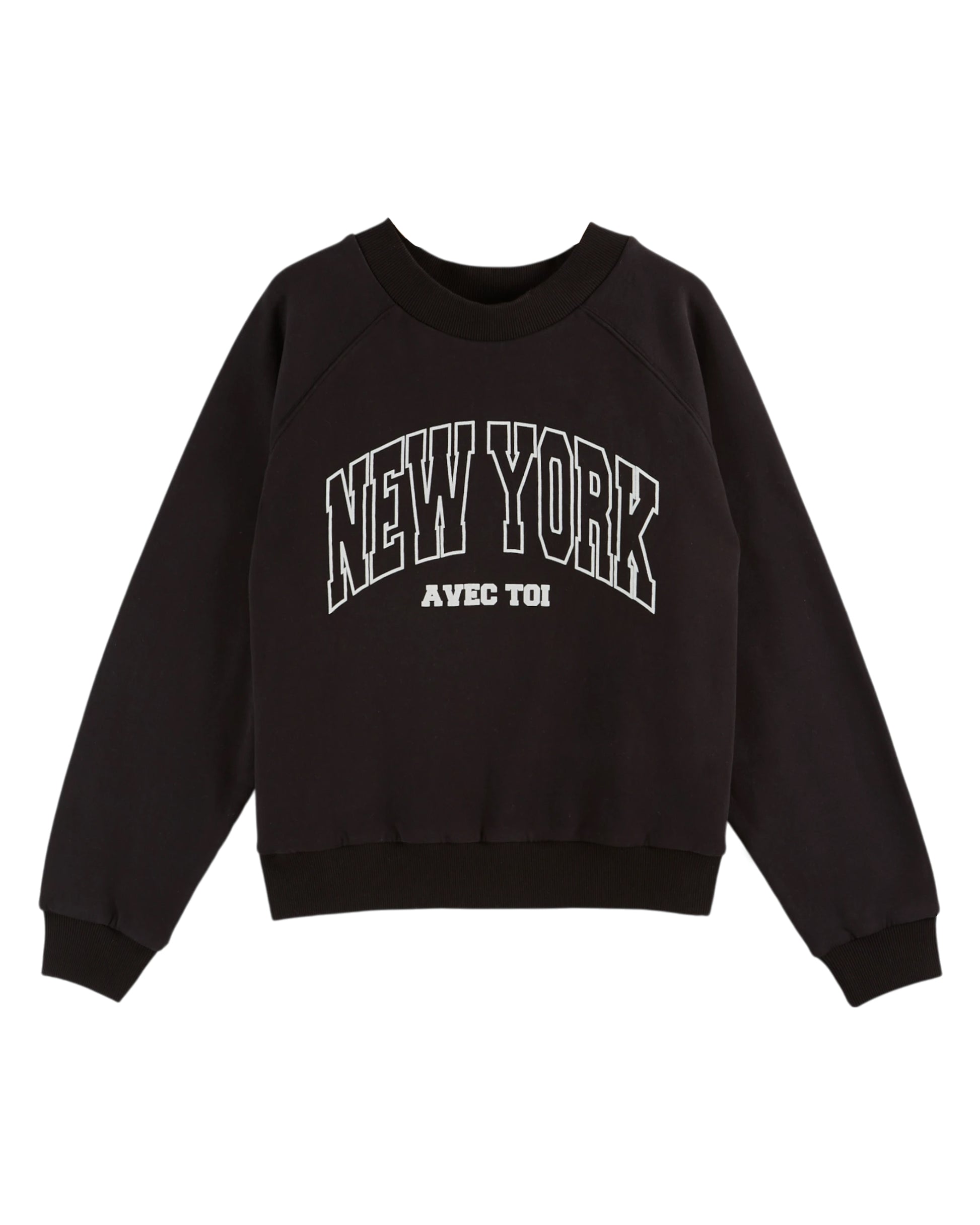 black round neck cotton sweater with new york in the centre and rib detailing