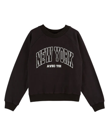 black round neck cotton sweater with new york in the centre and rib detailing