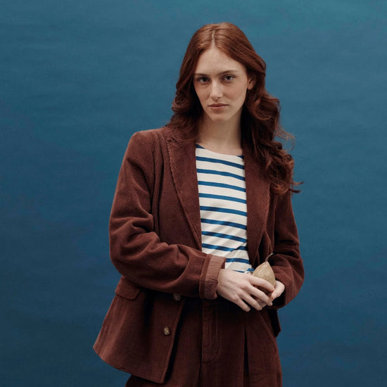 round neck long sleeve top with marine blue stripes model shot 