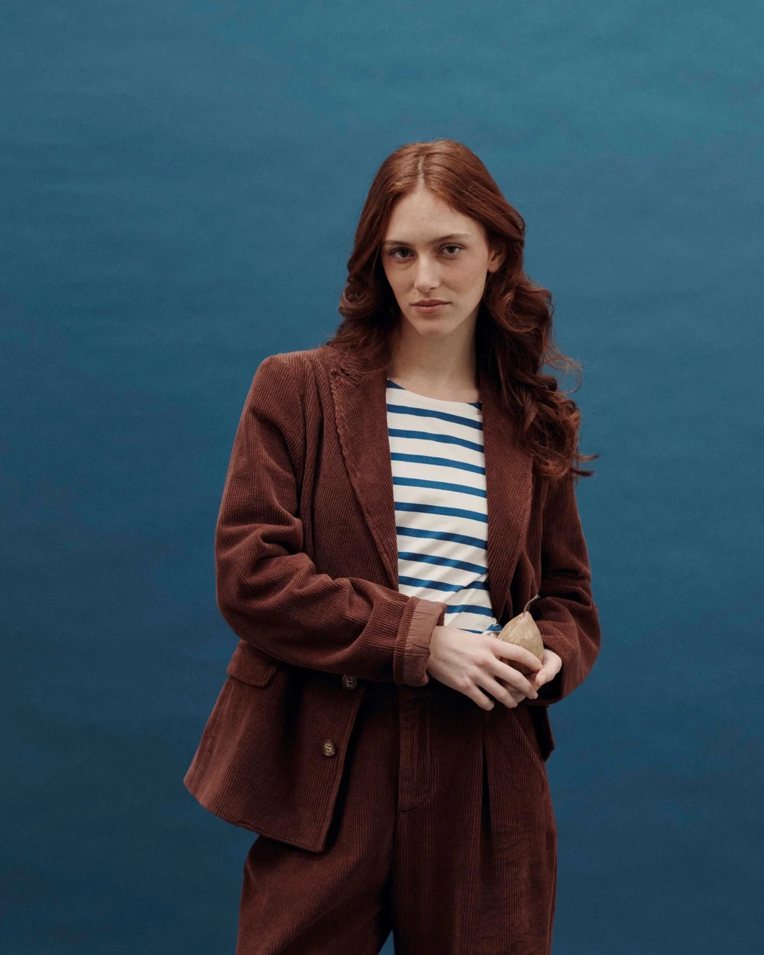 round neck long sleeve top with marine blue stripes model shot 