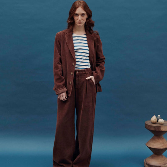 round neck long sleeve top with marine blue stripes model shot