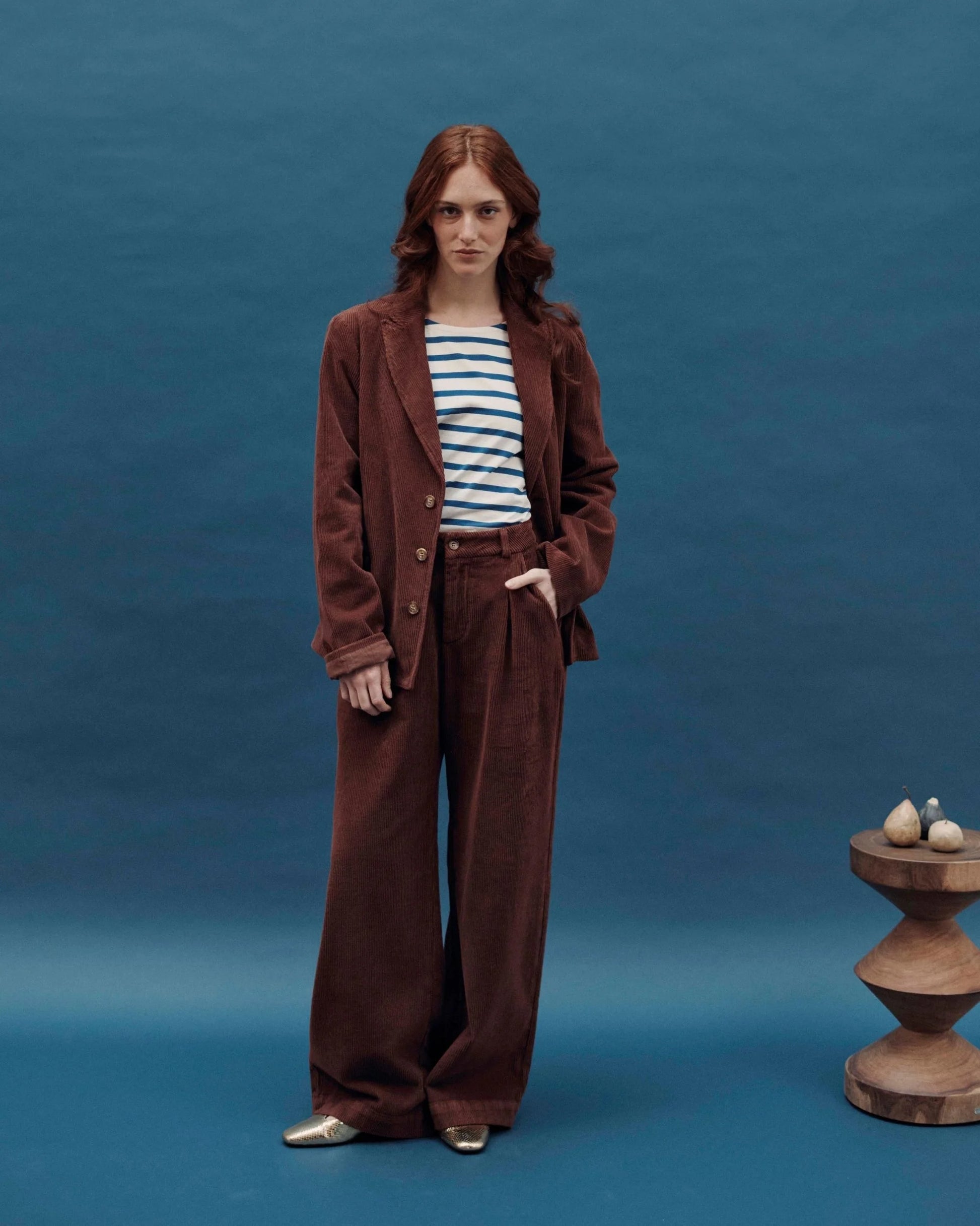 round neck long sleeve top with marine blue stripes model shot