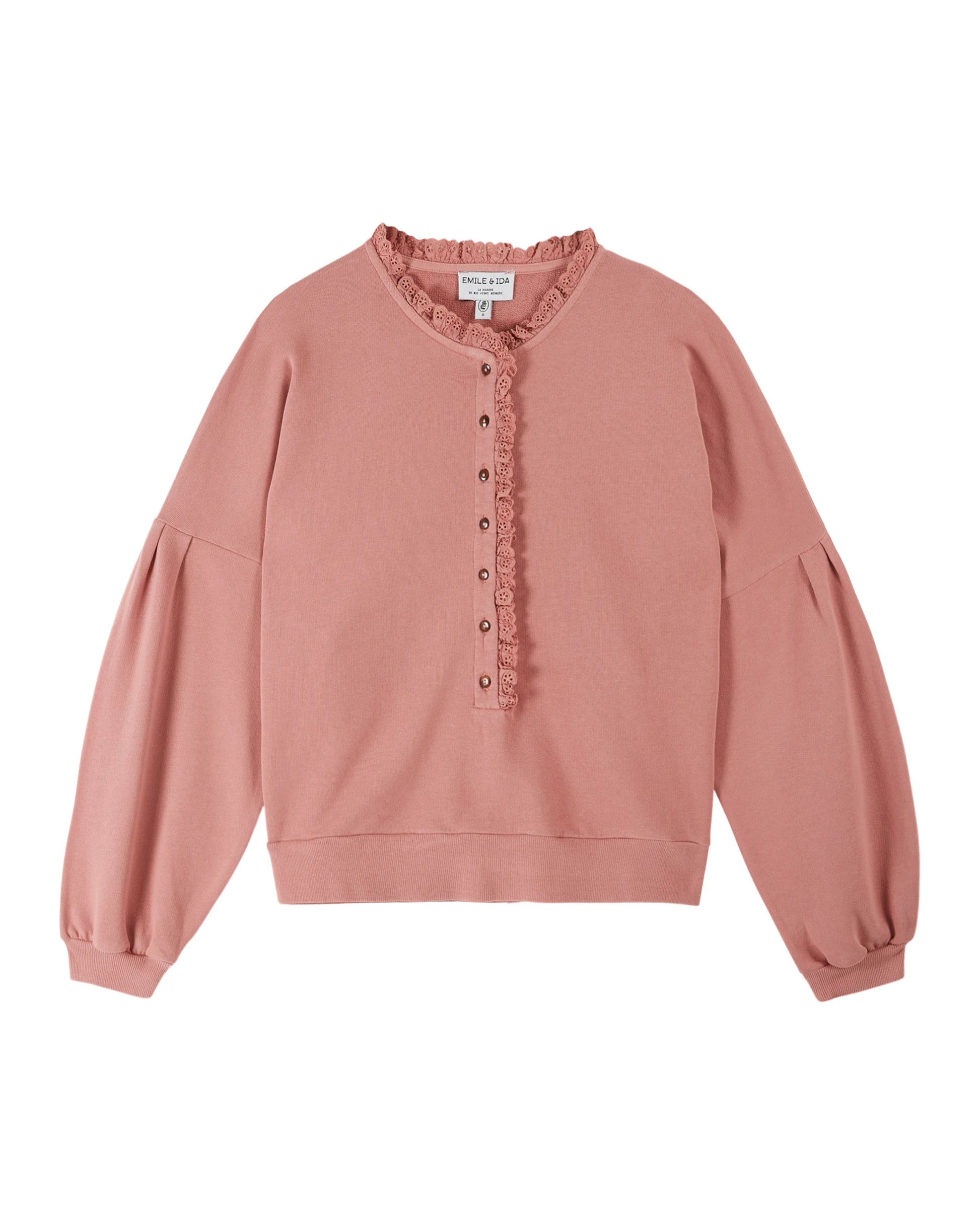 round frill neck and half placket pink raglan sleeve sweatshirt from emile and ida