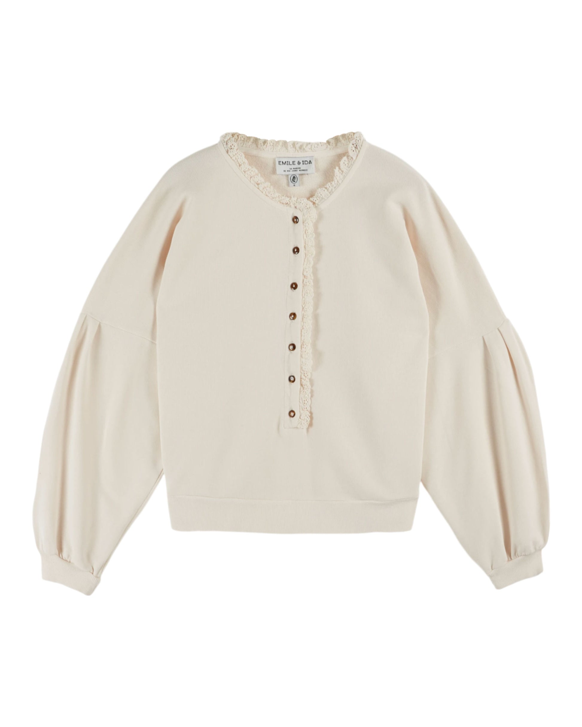 cream round frill neck and half placket sweatshirt from emile and ida