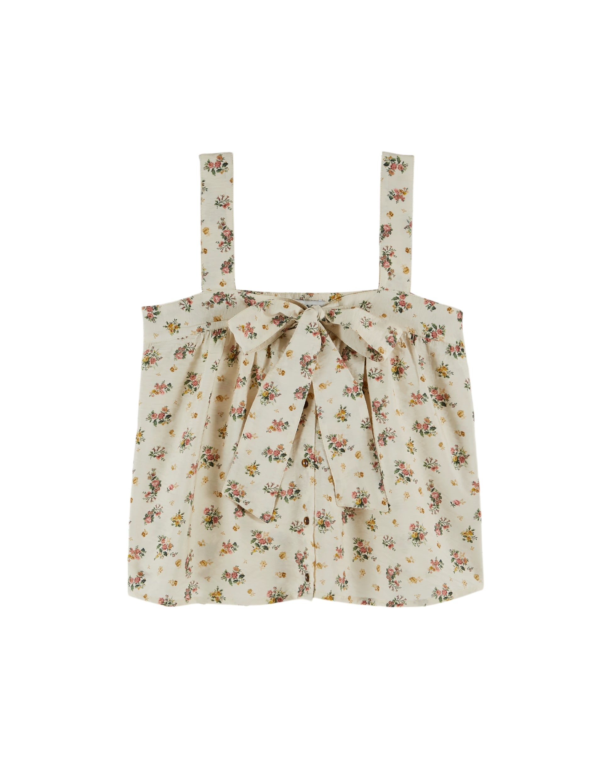 wide strap cream cami with bow on front, button down and small floral print throughout