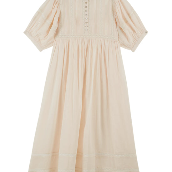 cream round neck short sleeve midi dress with buttoned half placket from emile and ida 