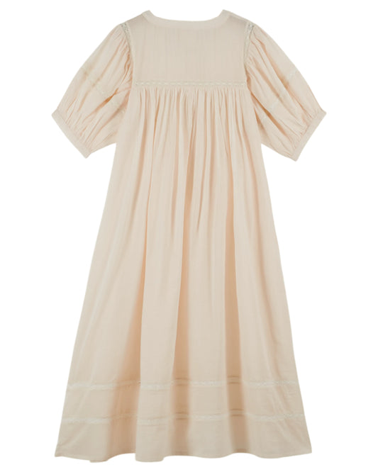 cream round neck short sleeve midi dress with buttoned half placket from emile and ida  rear
