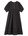 short sleeve mid length black dress with half placket button down from emile and ida 