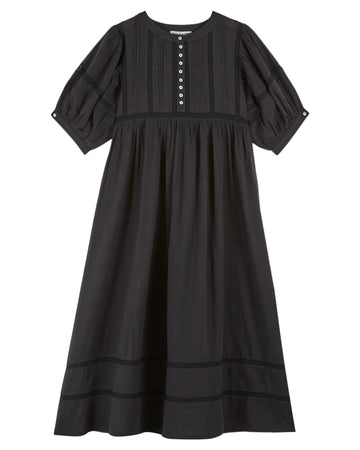 short sleeve mid length black dress with half placket button down from emile and ida 
