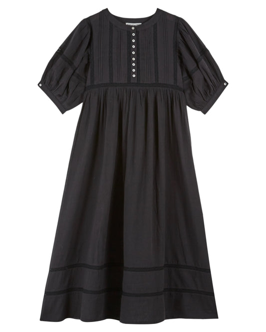 short sleeve mid length black dress with half placket button down from emile and ida 