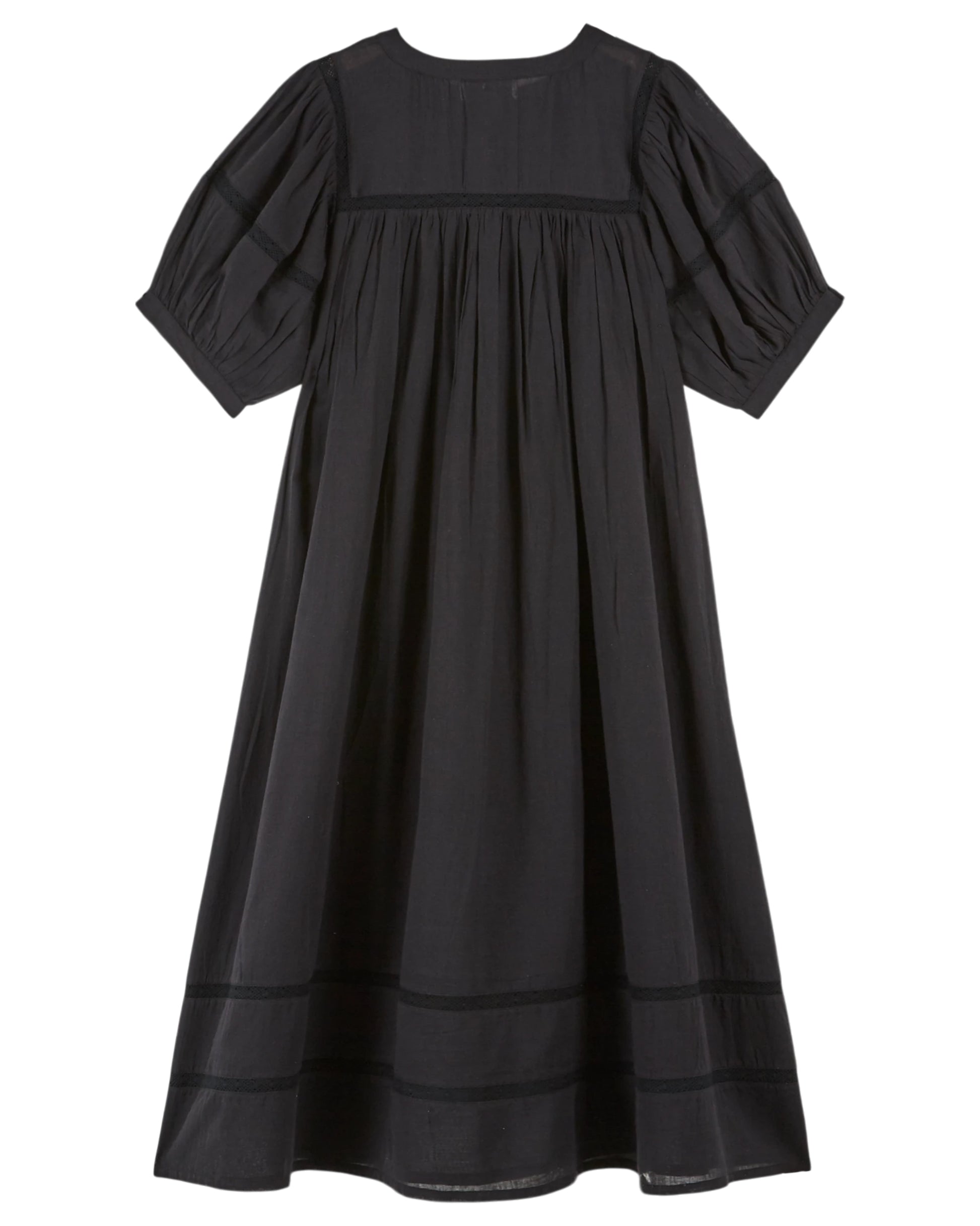 short sleeve mid length black dress with half placket button down from emile and ida  rear