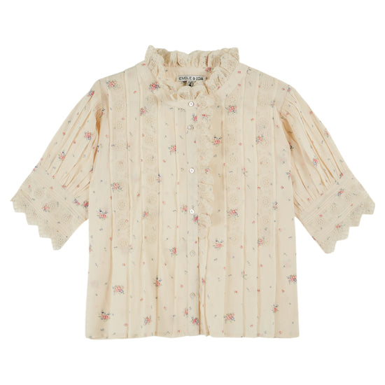 frill stand neck short sleeve pleated button down cream blouse with small floral print throughout from emile and ida