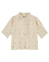 frill stand neck short sleeve pleated button down cream blouse with small floral print throughout from emile and ida