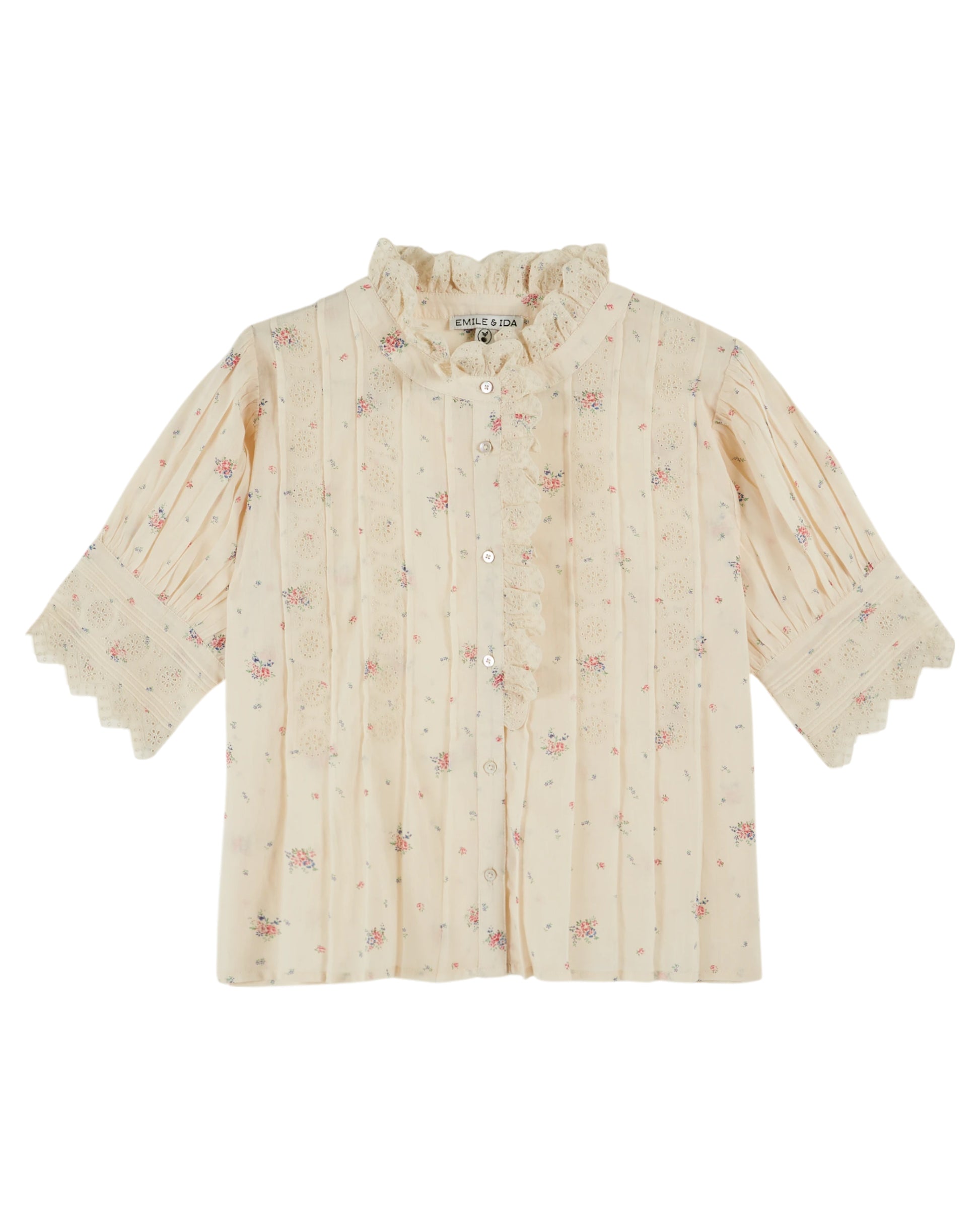 frill stand neck short sleeve pleated button down cream blouse with small floral print throughout from emile and ida