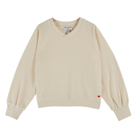 slight crossover neck terry cloth sweatshirt with ribbed hem, cuffs and neck from emile and ida 