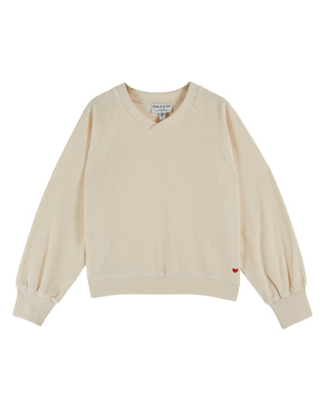 slight crossover neck terry cloth sweatshirt with ribbed hem, cuffs and neck from emile and ida 