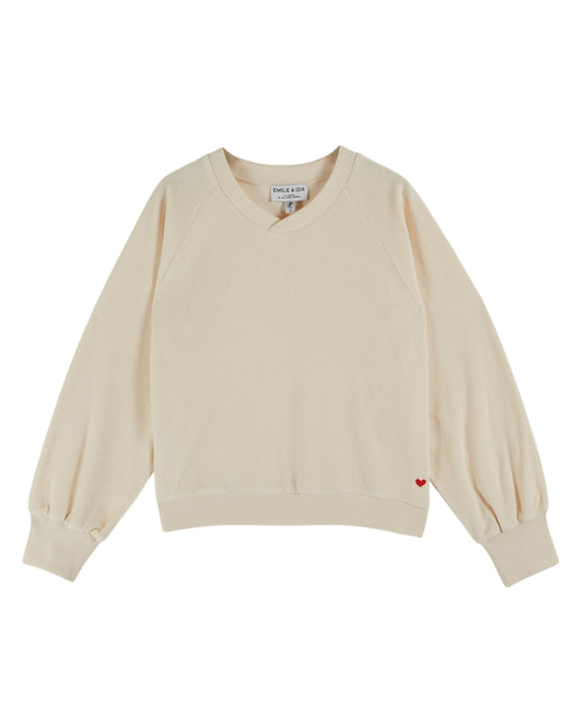 slight crossover neck terry cloth sweatshirt with ribbed hem, cuffs and neck from emile and ida 