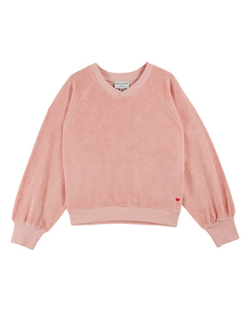 slight crossover neck terry cloth pink sweatshirt with ribbed cuffs, hem and neck from emile and ida 