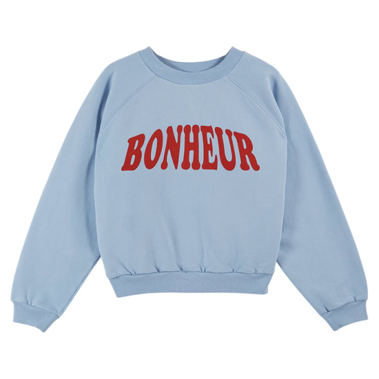 crew neck blue sweatshirt with red "bonheur" on the front from emile and ida