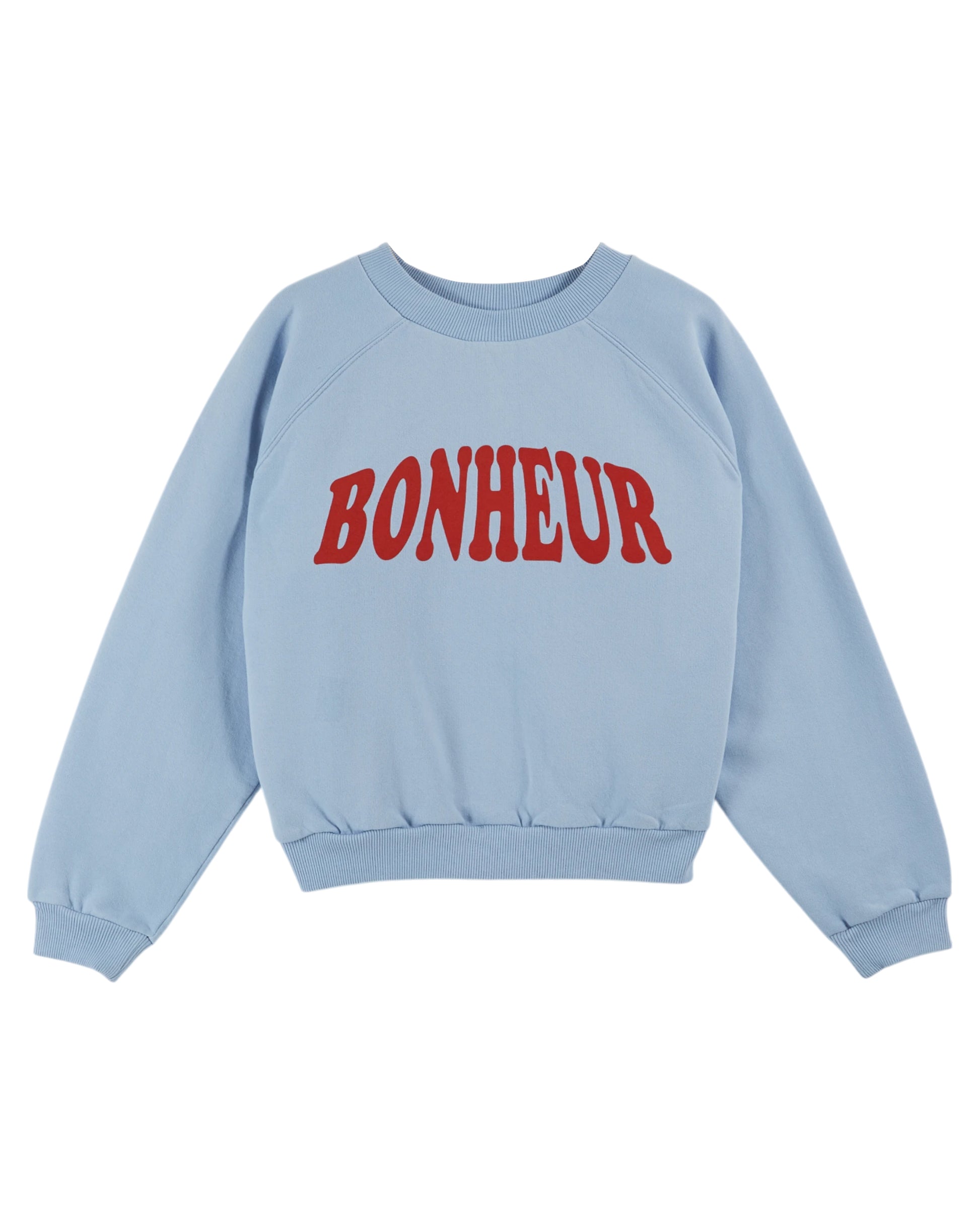 crew neck blue sweatshirt with red "bonheur" on the front from emile and ida