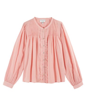 round neck frill button down pink blouse with shirred chest from emile and ida