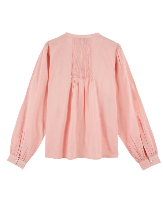round neck frill button down pink blouse with shirred chest from emile and ida rear