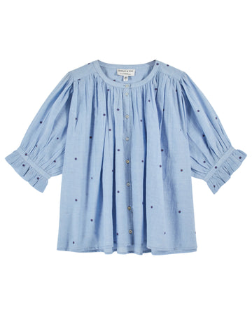 round neck button down blue blouse with short puffy sleeves and small dark blue dots throughout from emile and ida