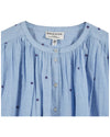 round neck button down blue blouse with short puffy sleeves and small dark blue dots throughout from emile and ida close up