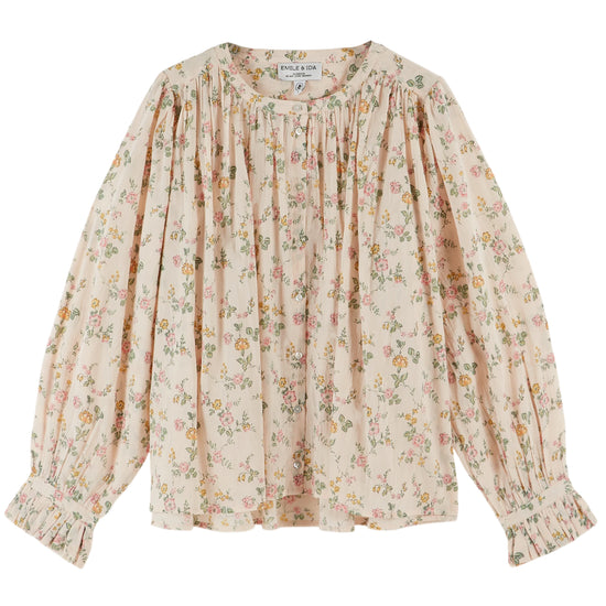 round neck blush pink button down blouse with delicate flower print, pleat detailing and pleated cuffs from emile and ida