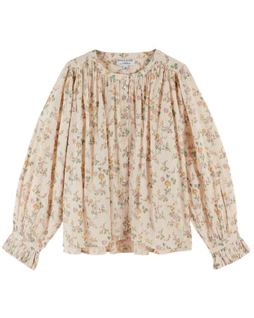 round neck blush pink button down blouse with delicate flower print, pleat detailing and pleated cuffs from emile and ida