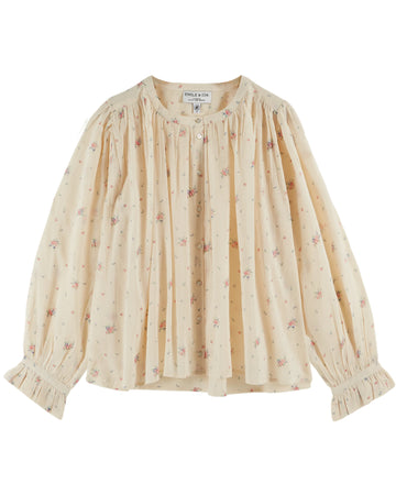 round neck raglan sleeve cream button down blouse with pink flowers all over from emile and ida