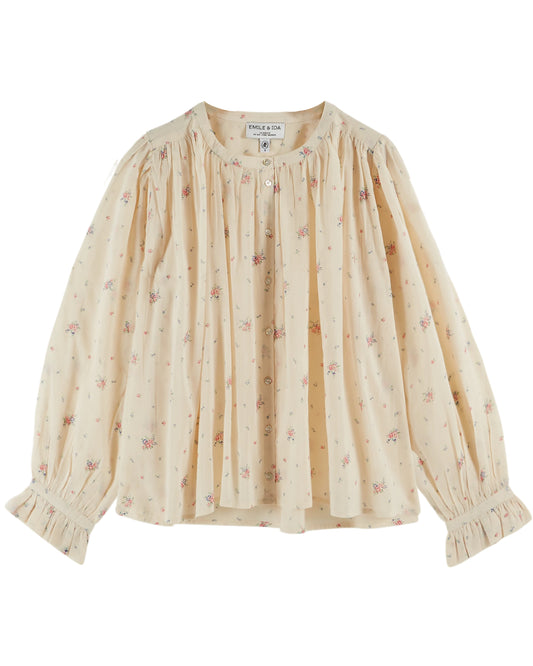 round neck raglan sleeve cream button down blouse with pink flowers all over from emile and ida
