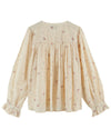 round neck raglan sleeve cream button down blouse with pink flowers all over from emile and ida rear 